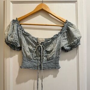 Vintage Havana  Blue Milkmaid Crop Top Smocked Puff Sleeve Cottagecore